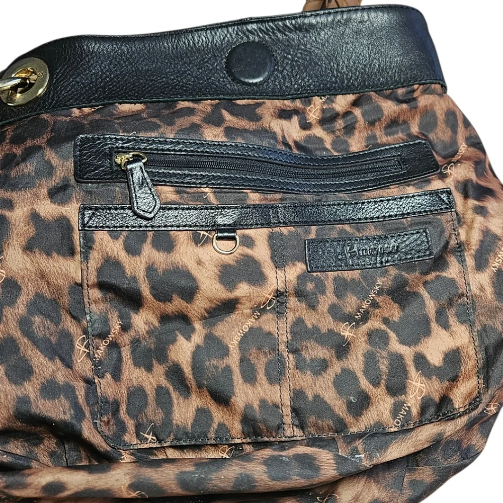 B. Makowsky Pebbled Leather Handbag Black Hobo Brown Accents